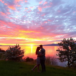 A serene landscape showcasing a breathtaking sunset over a tranquil lake, with vibrant colors of orange, pink, and purple reflecting on the water's surface