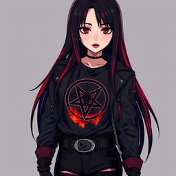 A young woman in anime style with long, straight, jet-black hair featuring vibrant red streaks