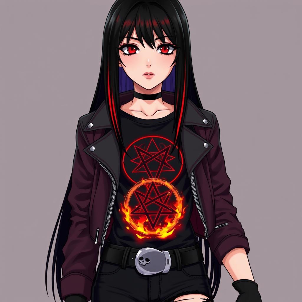A young woman in anime style with long, straight, jet-black hair featuring vibrant red streaks