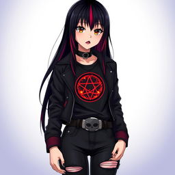 A young woman in anime style with long, straight, jet-black hair featuring vibrant red streaks