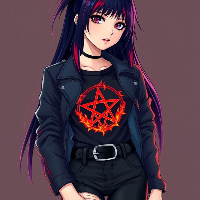 A young woman in anime style with long, straight, jet-black hair featuring vibrant red streaks