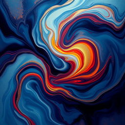 An abstract representation of love and warmth in a cold world, featuring swirling colors of deep blue and icy silver juxtaposed with vibrant warm hues like red, gold, and orange