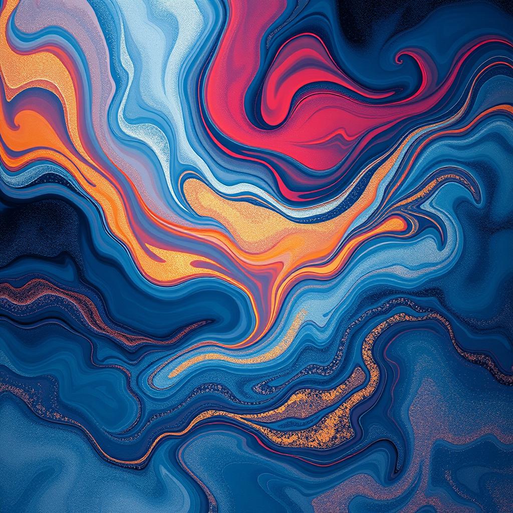 An abstract representation of love and warmth in a cold world, featuring swirling colors of deep blue and icy silver juxtaposed with vibrant warm hues like red, gold, and orange