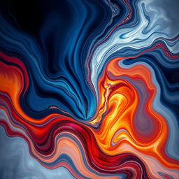 An abstract representation of love and warmth in a cold world, featuring swirling colors of deep blue and icy silver juxtaposed with vibrant warm hues like red, gold, and orange