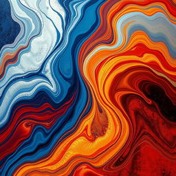 An abstract representation of love and warmth in a cold world, featuring swirling colors of deep blue and icy silver juxtaposed with vibrant warm hues like red, gold, and orange