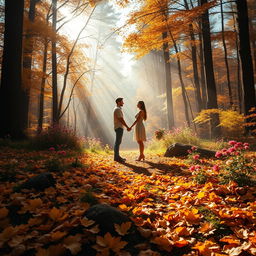 A captivating natural scene depicting the warmth of love in a cold world, featuring a beautiful forest setting during autumn