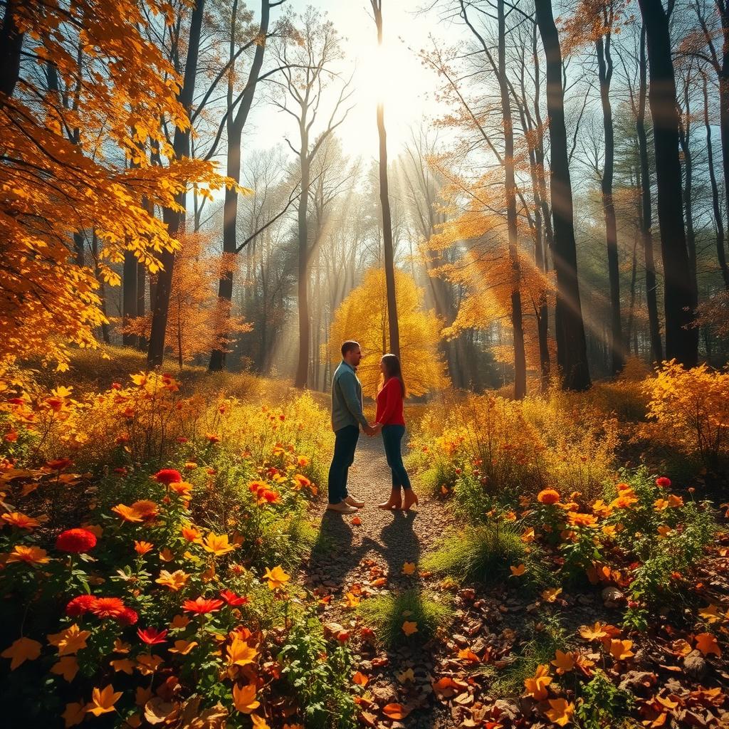 A captivating natural scene depicting the warmth of love in a cold world, featuring a beautiful forest setting during autumn