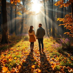 A captivating natural scene depicting the warmth of love in a cold world, featuring a beautiful forest setting during autumn