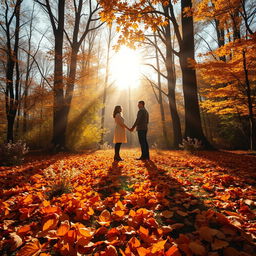 A captivating natural scene depicting the warmth of love in a cold world, featuring a beautiful forest setting during autumn