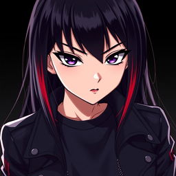 A young woman in anime style with long, straight, jet-black hair featuring vibrant red streaks