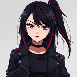 A young woman in anime style with long, straight, jet-black hair featuring vibrant red streaks