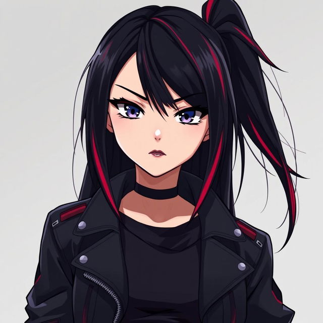 A young woman in anime style with long, straight, jet-black hair featuring vibrant red streaks