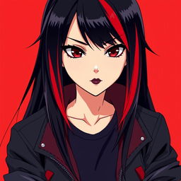 A young woman in anime style with long, straight, jet-black hair featuring vibrant red streaks