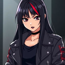 A young woman in anime style with long, straight, jet-black hair featuring vibrant red streaks