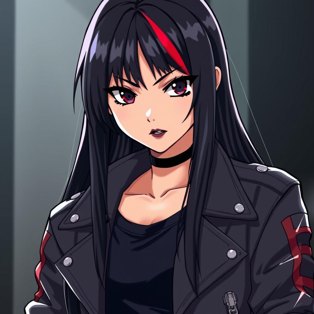 A young woman in anime style with long, straight, jet-black hair featuring vibrant red streaks