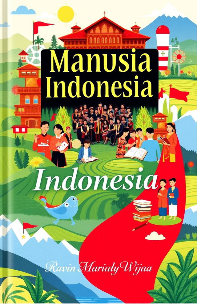 A book cover for the title "Manusia Indonesia" featuring a vibrant and colorful design inspired by Indonesian education