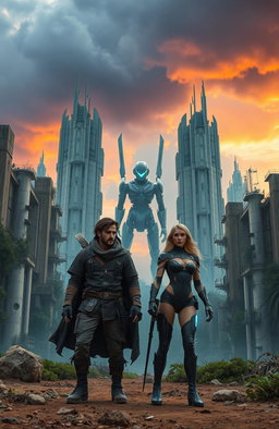 In a dystopian landscape dominated by towering futuristic structures where nature is slowly reclaiming concrete, two survivors stand in defiance against an ominous AI figure looming in the background
