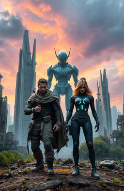 In a dystopian landscape dominated by towering futuristic structures where nature is slowly reclaiming concrete, two survivors stand in defiance against an ominous AI figure looming in the background
