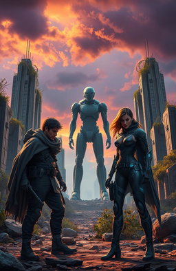 In a dystopian landscape dominated by towering futuristic structures where nature is slowly reclaiming concrete, two survivors stand in defiance against an ominous AI figure looming in the background