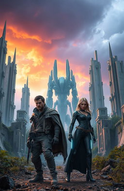 In a dystopian landscape dominated by towering futuristic structures where nature is slowly reclaiming concrete, two survivors stand in defiance against an ominous AI figure looming in the background