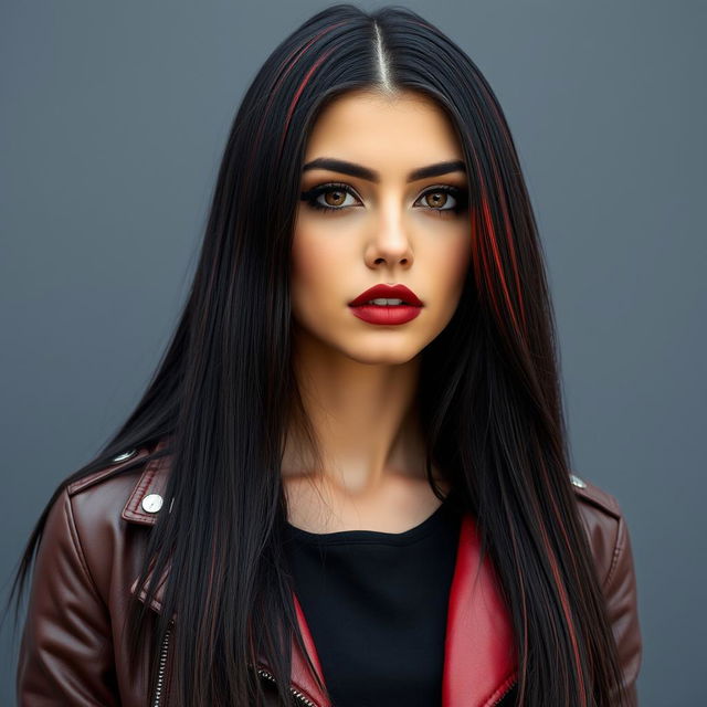 A young woman with long, straight, jet-black hair highlighted with vibrant red streaks