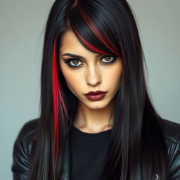 A young woman with long, straight, jet-black hair highlighted with vibrant red streaks