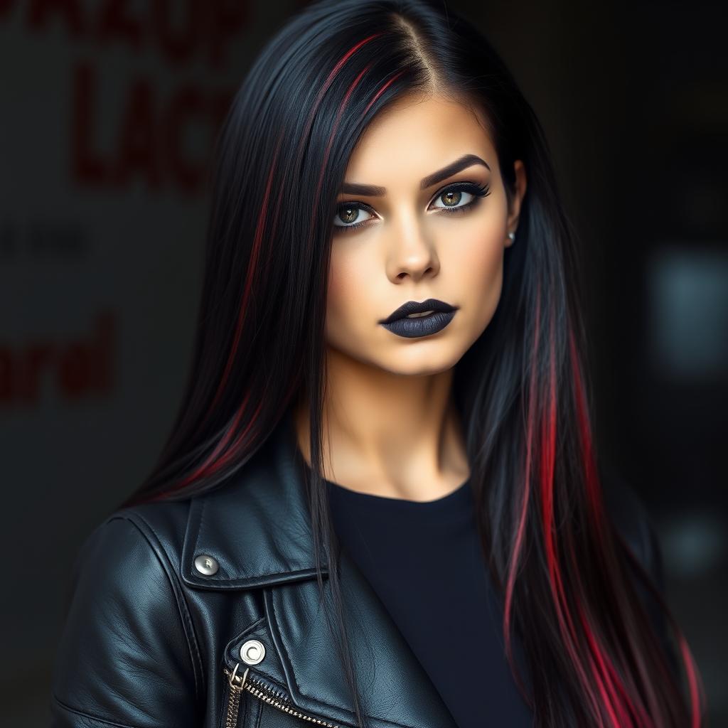 A young woman with long, straight, jet-black hair highlighted with vibrant red streaks