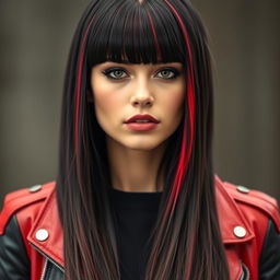 A young woman with long, straight, jet-black hair highlighted with vibrant red streaks