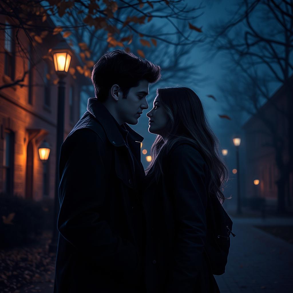 A poignant scene capturing the unexpected love story of two college students amidst a moody, atmospheric backdrop