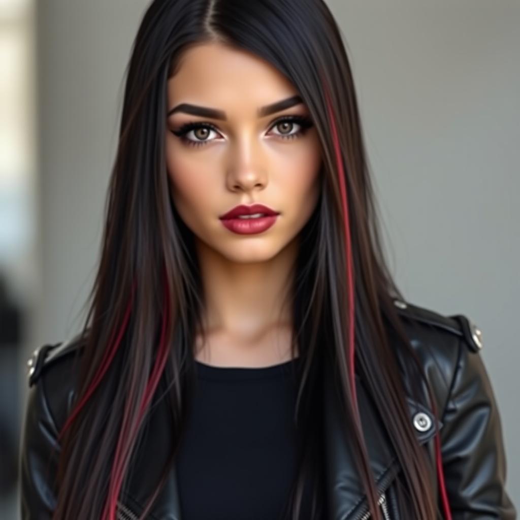 A young woman with long, straight, jet-black hair accented with vibrant red streaks