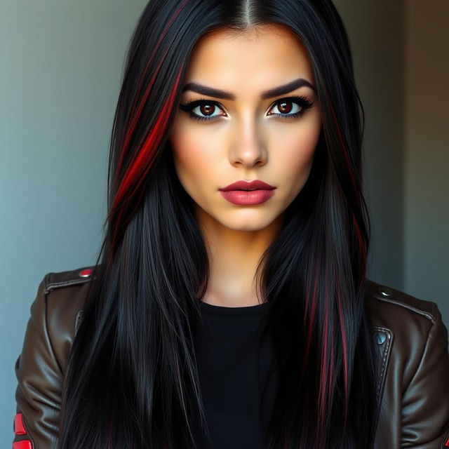 A young woman with long, straight, jet-black hair accented with vibrant red streaks