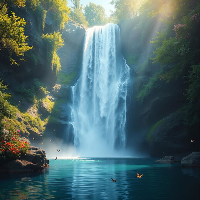 A breathtaking scene of a majestic waterfall cascading down a rocky cliff, surrounded by vibrant green foliage and colorful flowers