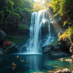 A breathtaking scene of a majestic waterfall cascading down a rocky cliff, surrounded by vibrant green foliage and colorful flowers