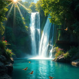 A breathtaking scene of a majestic waterfall cascading down a rocky cliff, surrounded by vibrant green foliage and colorful flowers
