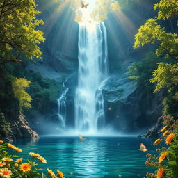 A breathtaking scene of a majestic waterfall cascading down a rocky cliff, surrounded by vibrant green foliage and colorful flowers