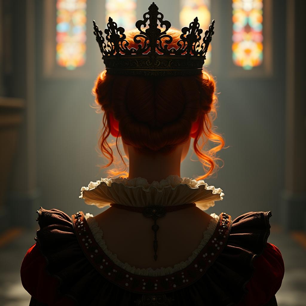 A silhouette viewed from the back of Queen Elizabeth I from the 16th century, styled in a steampunk theme