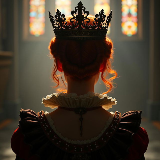 A silhouette viewed from the back of Queen Elizabeth I from the 16th century, styled in a steampunk theme