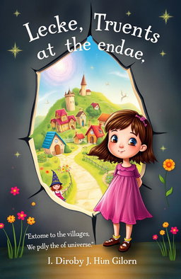 A whimsical book cover illustration depicting a young girl with a curious expression, standing at the threshold of a crack in her house's wall