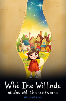 A whimsical book cover illustration depicting a young girl with a curious expression, standing at the threshold of a crack in her house's wall