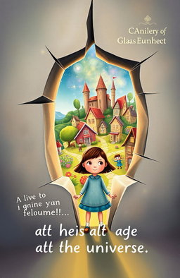 A whimsical book cover illustration depicting a young girl with a curious expression, standing at the threshold of a crack in her house's wall