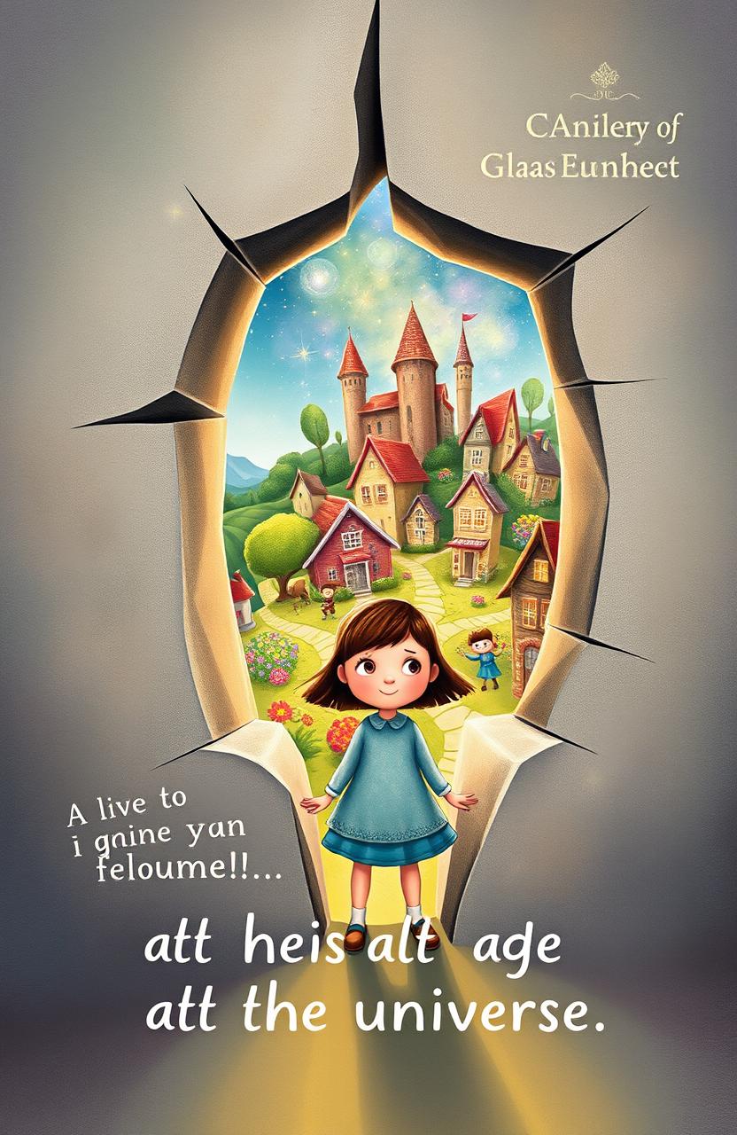 A whimsical book cover illustration depicting a young girl with a curious expression, standing at the threshold of a crack in her house's wall