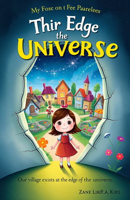 A whimsical book cover illustration depicting a young girl with a curious expression, standing at the threshold of a crack in her house's wall