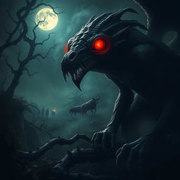 An atmospheric and dramatic depiction of the legend of El Chupacabras, a mythical creature from Latin American folklore