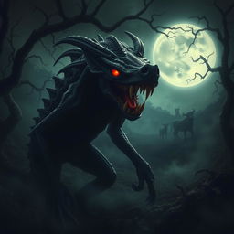 An atmospheric and dramatic depiction of the legend of El Chupacabras, a mythical creature from Latin American folklore