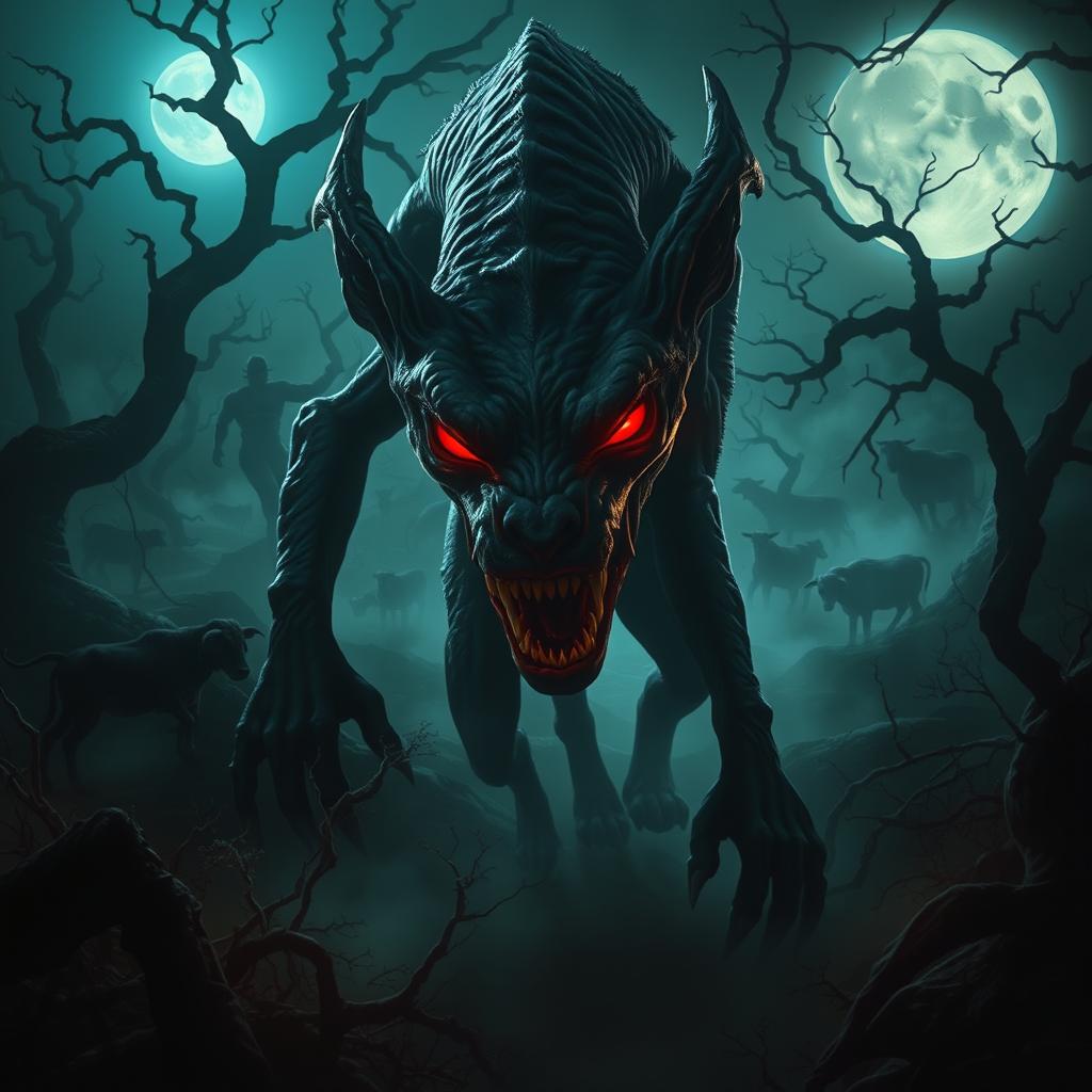 An atmospheric and dramatic depiction of the legend of El Chupacabras, a mythical creature from Latin American folklore