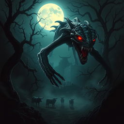 An atmospheric and dramatic depiction of the legend of El Chupacabras, a mythical creature from Latin American folklore