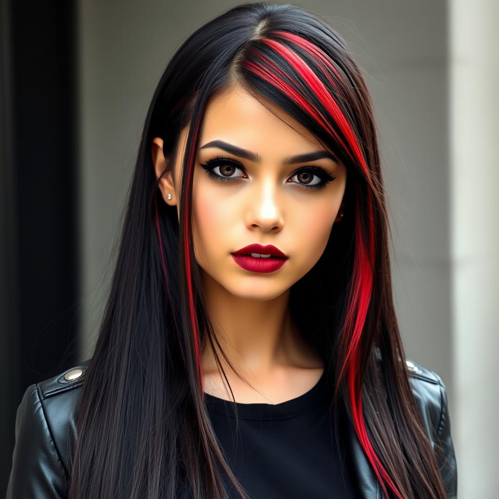 A young woman with long, straight, jet-black hair featuring vibrant red streaks