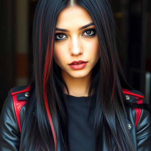 A young woman with long, straight, jet-black hair featuring vibrant red streaks