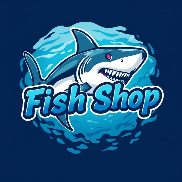 A vibrant and eye-catching logo for a fish shop, featuring a detailed illustration of a fierce shark