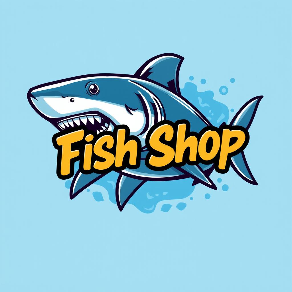 A vibrant and eye-catching logo for a fish shop, featuring a detailed illustration of a fierce shark